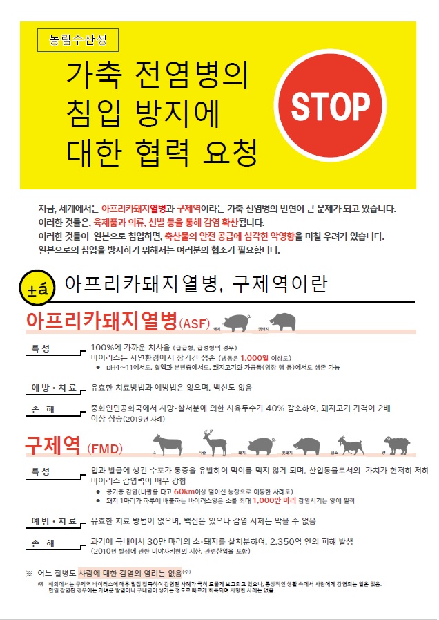 家畜の伝染病の侵入防止への協力のお願い（韓国語）