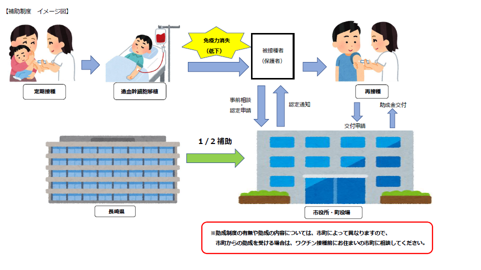 長崎県造血幹細胞移植後における予防接種の再接種費用助成事業費補助金交付フロー図