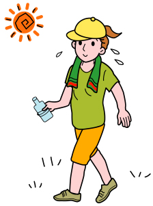 暑い時のウォーキングイラスト(帽子をかぶり、水分補給をしましょう)