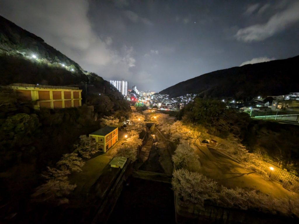 西山ダムと夜桜　ダム天端より